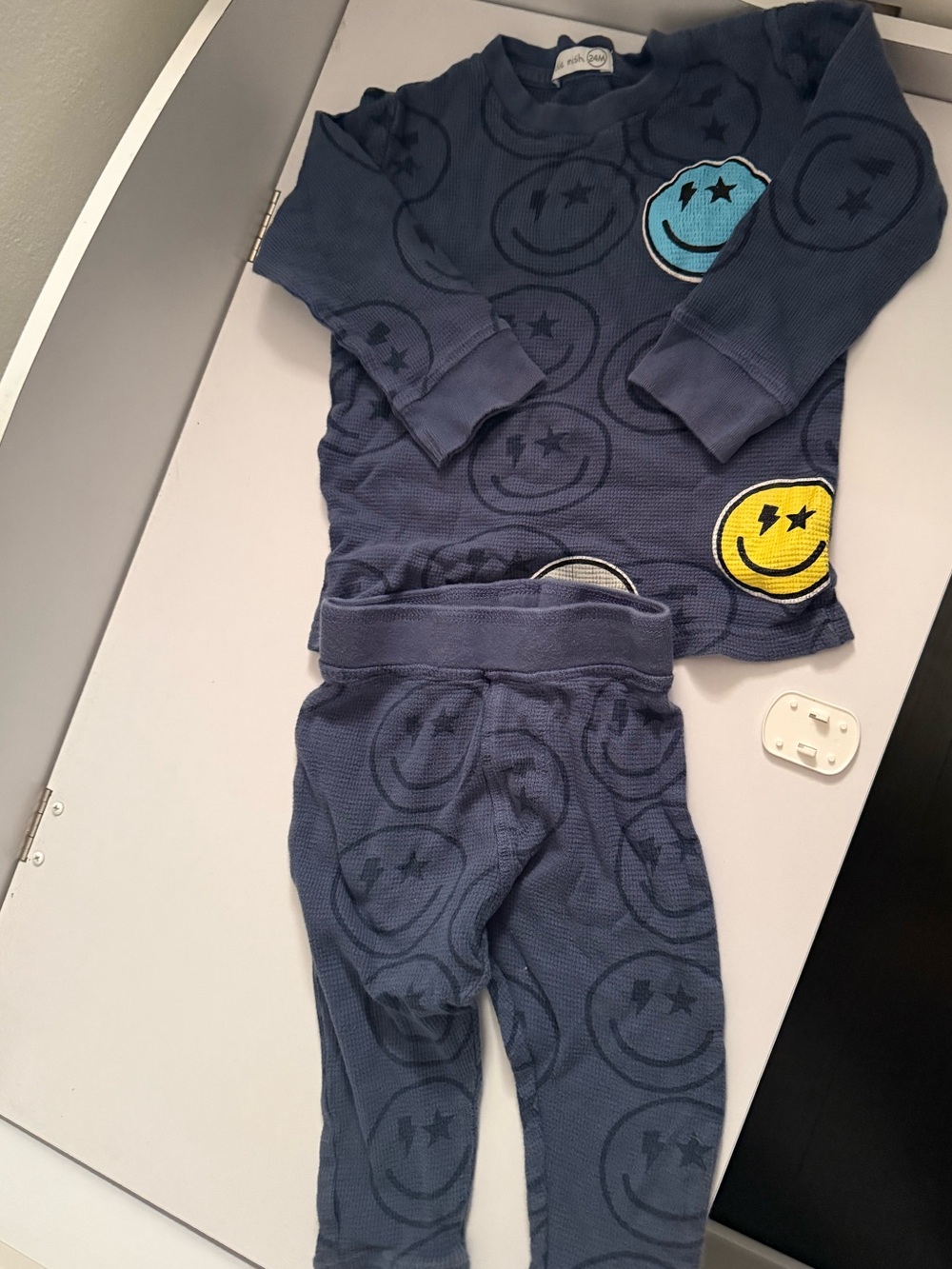 Little Mish Navy Smiley Face Thermal Pajama Set with Colorful Patches